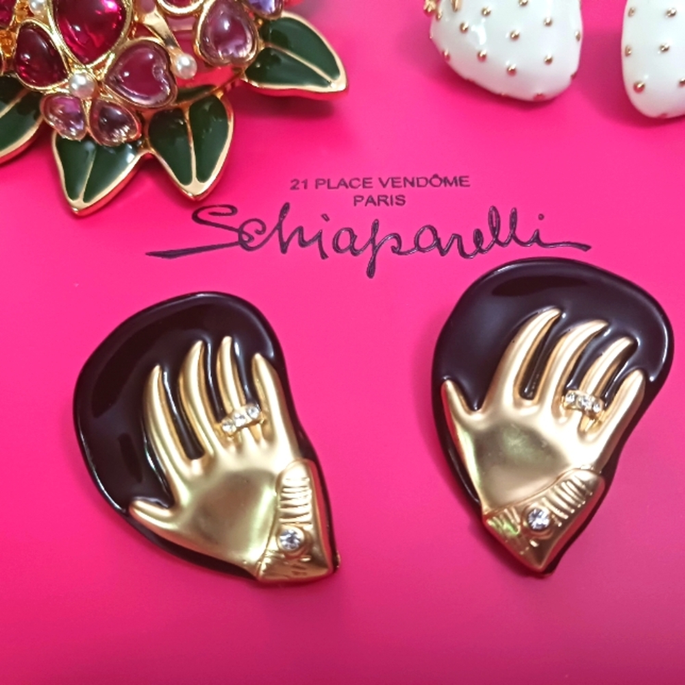 Schiaparelli Gold and Black Small Hand Earrings Retail $1295 Made In FRANCE Used
